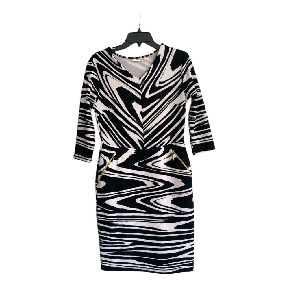 CATO Bodycon Black/White Dress Abstract Design 3/4 Sleeves Zippered Pockets Sz S